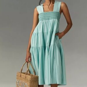 Anthropologie Helena Square-Neck Tiered Midi Dress Turquoise L